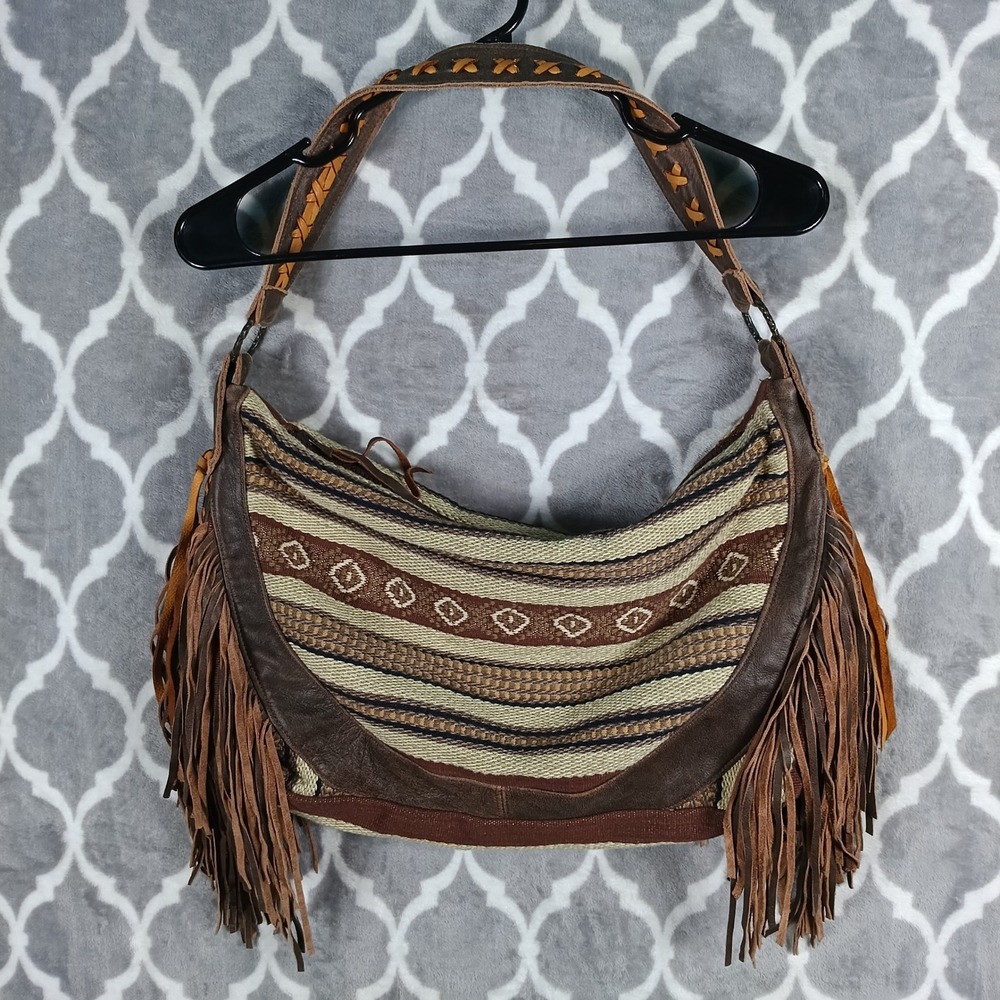 Patricia Wolf Shoulder Bag Large Brown Boho Southwest Serape Leather Fringe